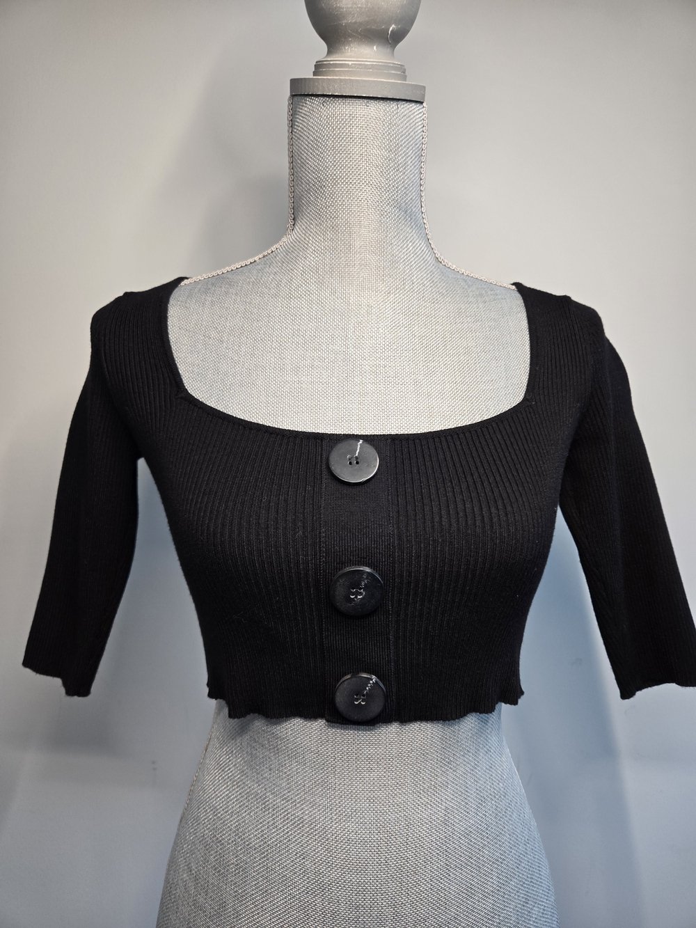 Zara Black Ribbed Black Cropped Knitted Top with Square NeckSize S